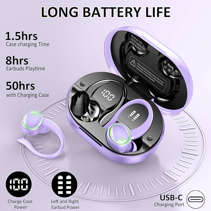 Matast Wireless Earbuds, Bluetooth Headphones Sport, Deep Bass Fitness Earphones Gym Running, IP7 Waterproof Headset with Earhook Workout, 50H Playback Over-Ear Buds with ENC Noise Cancelling Mic