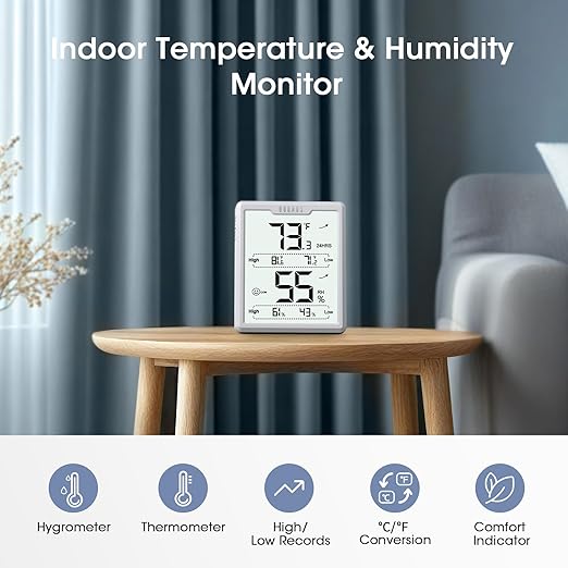 DOQAUS Digital Hygrometer Room Thermometer Indoor, Humidity Meter with Large LCD Display, Temperature Humidity Monitor with Max Min Records, White