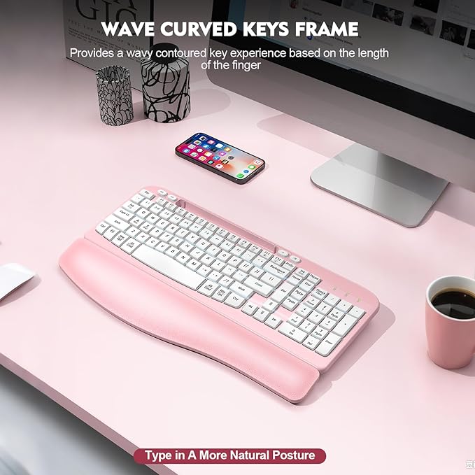 Ergonomic Wireless Keyboard with Cushioned Wrist Rest, Wave Keys, Phone Holder, Comfortable Natural Typing, 2.4GHz Full Size Cordless USB Computer Keyboard for Windows, Mac OS, Laptop, PC (Pink)