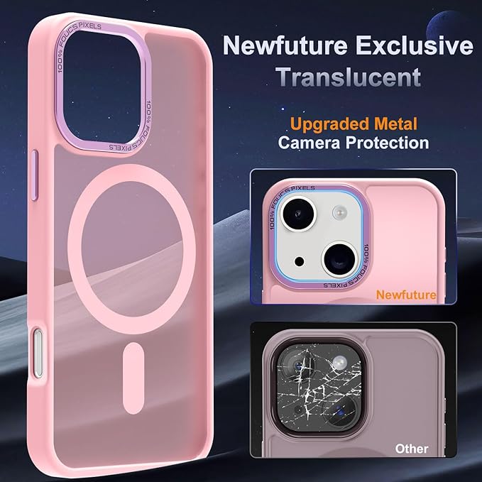 Newfuture Designed for iPhone 13 Case & iPhone 14 Case with Magnetic [13 FT Military Drop Protection] [Compatible with Magsafe] Translucent Shockproof with Anti-Fingerprint Phone Case, Tender Pink