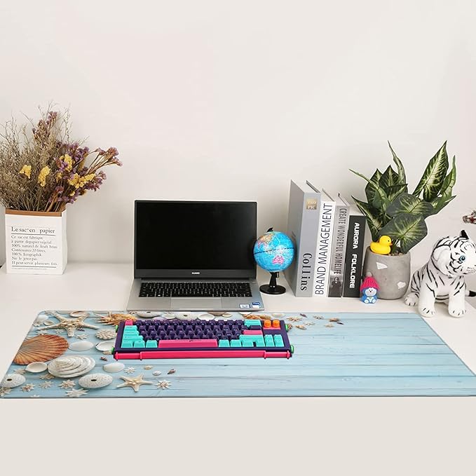 Shells on Blue Wood Large Mouse Pad Extended Gaming Mouse Pad Waterproof Desk Mat with Stitched Edge,Non Slip Base Keyboard Mouse pad for Home Office 35.4" X 15.7"