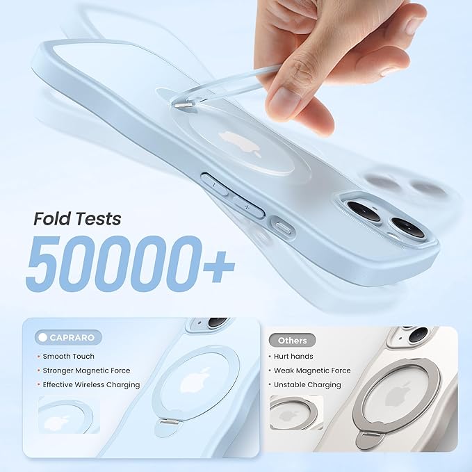 CAPRARO for iPhone 13 Case & iPhone 14 Case with 360° Spin Magnetic Stand for Women, [Compatible with MagSafe] [Camera Protection] Cute Wave Translucent Matte Case for iPhone 13/14, Light Blue
