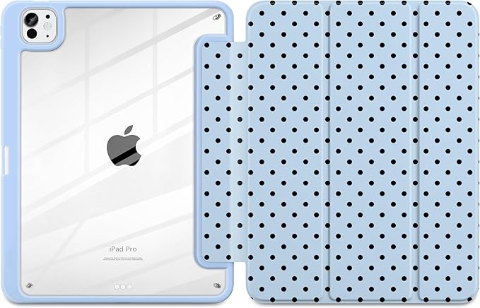 Case for iPad Pro 11 Inch (M5 2025 M4 2024) – [Built-in Pencil Holder], Shockproof & Stylish, Clear Hard Back + Soft TPU Edge, Magnetic Trifold Stand, Auto Wake/Sleep, Blue Polka dot
