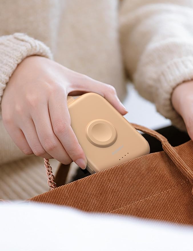 RORRY Portable Charger, 5000mAh Portable Charger Power Bank with Built-in Cables, Travel Keychain Battery Pack for Apple Watch Ultra/11/10/9/8/7/6/SE, iPhone Air/17/16/15/14/13/12, Honey Beige