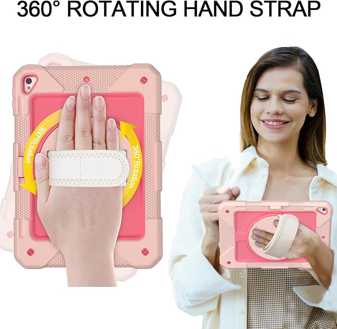 MENZO Shockproof Case for iPad 5th Gen/6th Gen/Air 2/Pro 9.7-inch with 360° Swivel Stand, Pencil Holder, Detachable Hand and Shoulder Strap, Pink+Lightpink