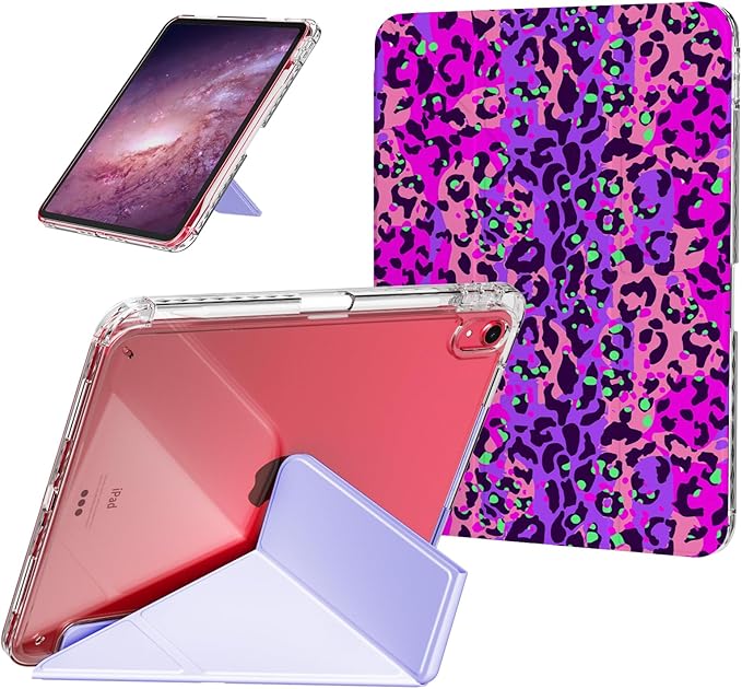Clear Case for iPad A16 11th Generation 11 Inch 2025 & iPad 10th Generation Case 10.9 Inch 2022 Cover with Pencil Holder, Origami Trifold Multi-Angles Stand, Purple Leopard