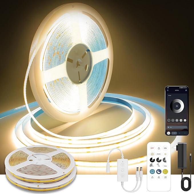 Pandery COB LED Strip Lights Warm White,24V Dimmable led Light Strip KIT with Remote and app Control,3000K 50FT/15m 8mm Wide Ra>90 Cuttable Flexible Strip Lights for Bedroom,Wardrobe,Cabinet