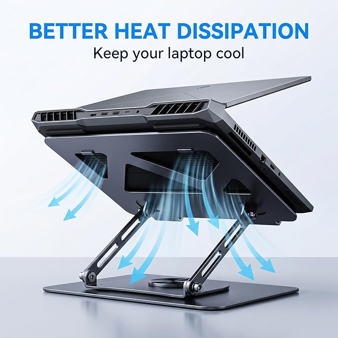 Leeboom Adjustable Laptop Stand for Desk, Ergonomic Height Adjustable Riser, 360° Rotating & Foldable, Ventilated Cooling, Fits Up to 17.3” Laptops (Including Gaming Laptops), Dark Silver
