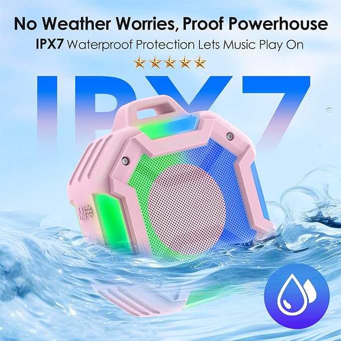 Bluetooth Shower Speaker, Speakers Bluetooth Wireless, IPX7 Waterproof Outdoor Speaker, Portable Speaker with LED Light, Clear Surround Sound for Home/Camping/Yoga/Kayaking(Pink)