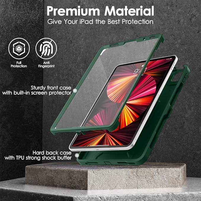 DTTO for iPad Pro 11 inch Case 2022(4th Gen)/2021(3rd Gen), [Screen Protector] Dual Layer Full Body Protection Cover with Pencil Holder, Also Fit iPad Pro 11'' 2020&2018/iPad Air 5/Air 4 - Green