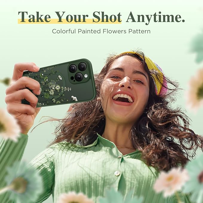 GVIEWIN for iPhone 16 Pro Case Compatible with MagSafe, [Military Grade Protection] [Screen Protector] Full Camera Protection Floral Translucent Women Magnetic Phone Case, Floratopia/Forest Green