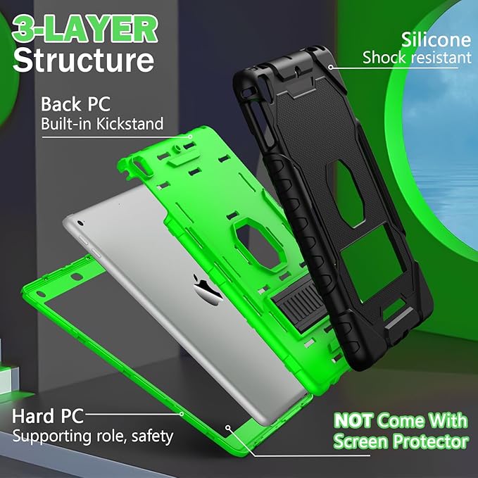 ZoneFoker 9.7" Case for iPad 6th/5th Generation 2018/2017, for iPad Air 2 / Air 1st / Pro 9.7, Heavy Duty Shockproof Protective 9.7 Inch Cover with Built-in Stand for i Pad 6 5 Gen (Black+Green)