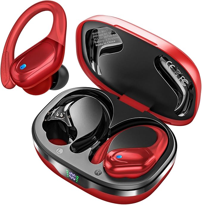 HAOYUYAN Wireless Earbuds, Sports Bluetooth Headphones, 80Hrs Playtime Ear Buds with LED Power Display, Noise Canceling Headset, IPX7 Waterproof Earphones for Workout/Running (Red)