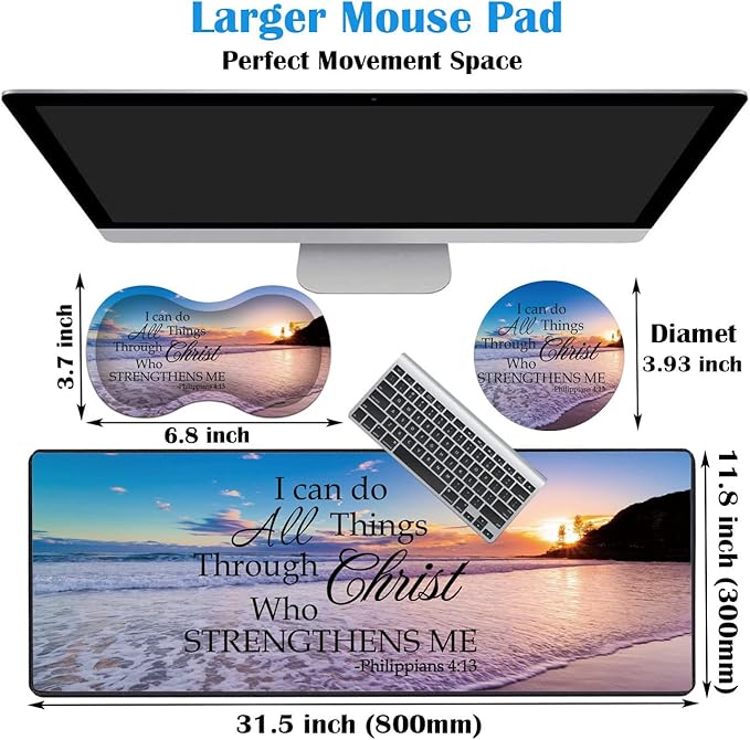 3 Piece Mouse Pad Set with Stitched Edge Large Anti-Slip Mouse Pad Desk Pad Keyboard Pad + Wrist Rest Pad + Coaster, Memory Foam Wrist Rest for Office/Home, Bible Verse Philippians 4-13