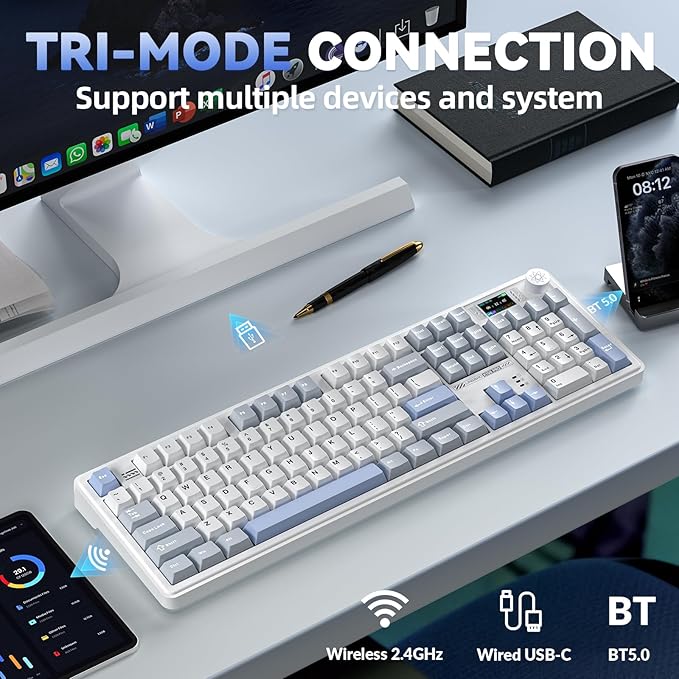 CORBOBO LINGBAO K108 Pro Wireless Mechanical Keyboard with Screen & Knob, Full Size Creamy Keyboard with Number Pad, 10000mAh Battery, PBT Keycaps, RGB Backlit, Hot-swappable Gaming Keyboards