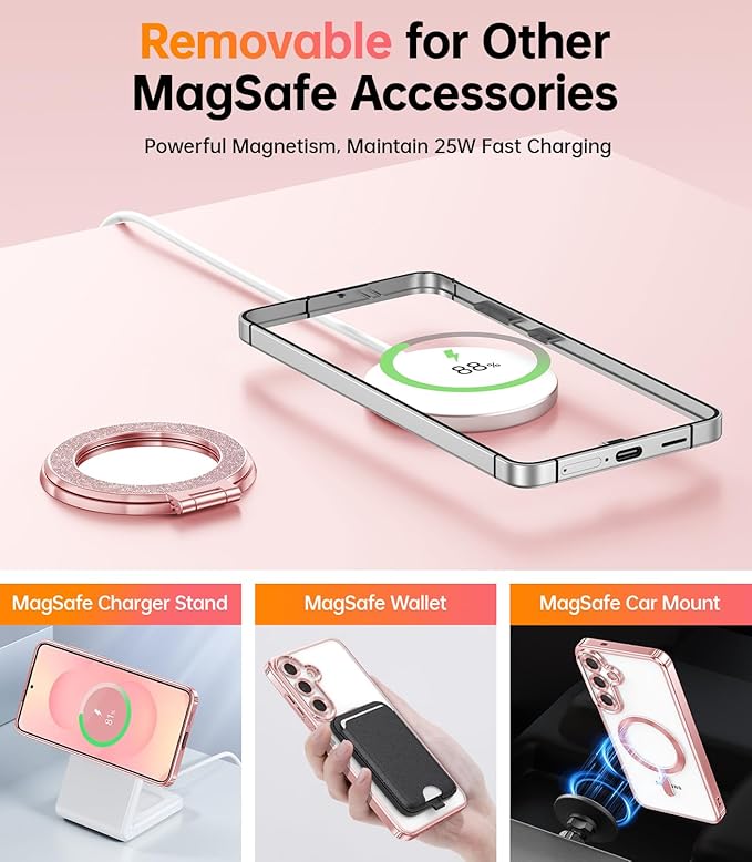 Meifgino Magnetic Case with Removable Phone Ring Stand for Samsung Galaxy S25 Plus, [Glitter Card & Wrist Strap] [MagSafe Compatible] [Built in Mirror] Phone Ring Stand + Phone Case Kit, Rose Gold