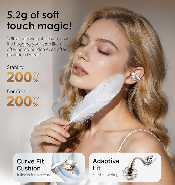 King Lucky Clip-On Earbuds Gen 3, Open-Ear Wireless Bluetooth 6.0 Headphones with Mic, Secure Fit for Small Ears & Glasses Wearers, 50H Playtime, ENC, IPX5 Waterproof Sport Ear Buds (Light White)