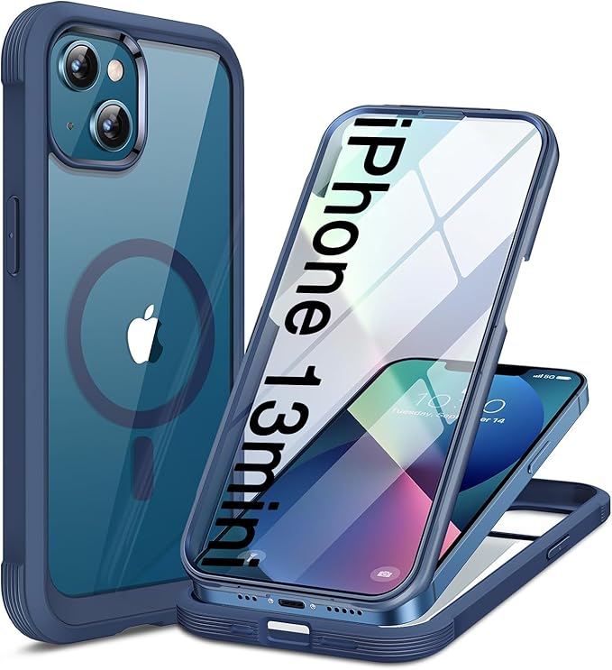 Miracase for iPhone 13 mini Case 5.4",Full-Body Protection,Clear Bumper Case with Built-in 9H Tempered Glass Screen Protector,Military-Grade Drop Protection Outdoor Phone Case for 13 mini,Dark Blue