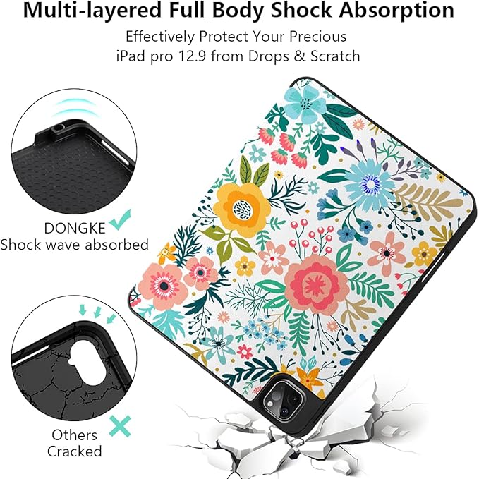 DONGKE Case for iPad Pro 12.9 inch 6th Generation 2022, Built-in Pencil Holder + Trifold Stand + Auto Wake/Sleep + Protective Cover for iPad Pro 12.9 5th/4th/3rd Gen - Flower