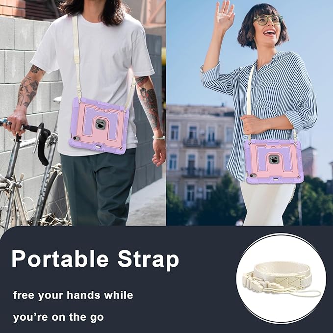 Kids Friendly Case for iPad Air 11 Inch M4 M3 M2 2026/2025/2024 Case with Pencil Holder & Shoulder Strap, Military Grade Shockproof Kickstand Hard Shell Protective Cover,Pink+Purple