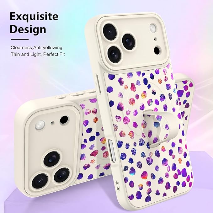 KANGHAR Compatible with iPhone 17 Pro Max Case, Support for MagSafe, Silicone Cute Iridescent Pattern Leopard Print Cheetah, Wristband Kickstand Shockproof Soft Slim Cover for Girls Women, White
