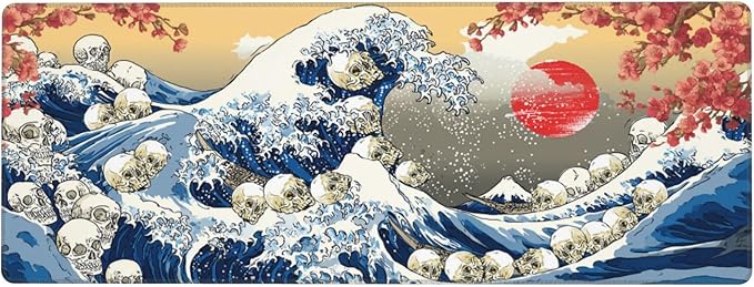 Japanese Waves Skull Mouse Pad Extended Large Gaming Mouse Pad XL Stitched Edges for Gamer Home Office 31.5 X 11.8 Inch