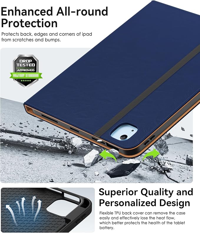ZoneFoker Case for iPad Air 11-inch M3/ M2 (2025/2024), iPad Air 5th/ 4th Generation 10.9'' (2022/2020), iPad Pro 11 (4th/3rd/2nd/1st Gen), Multi-Angle Stand Cover with Pencil Holder, Navy Blue