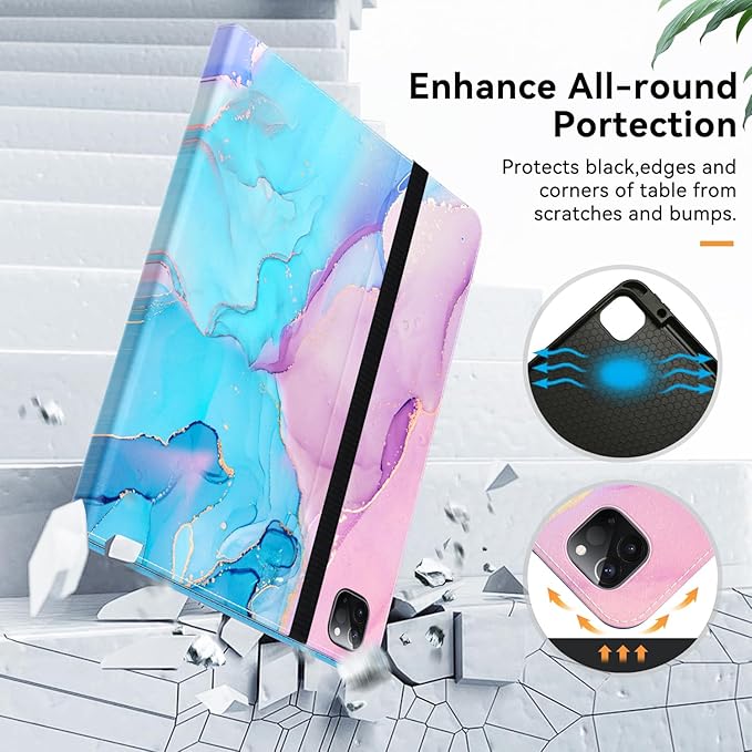 Zonefoker Case for New iPad Pro 12.9 inch 6th/5th/4th/3rd Generation 2022/2021/2020/2018, 12.9'' ipad Pro Leather Protective Cover 6/5/4/3 Gen with Pencil Holder, Auto Wake/Sleep, Marble Teal Pink