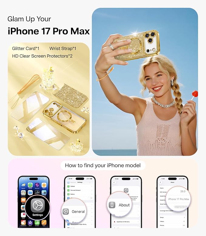 Meifigno Designed for iPhone 17 Pro Max Case 6.9", [Glitter Card & Wrist Strap] [Compatible with MagSafe] [2X HD Screen Protectors] Surround Raised Lens Protection for 17 ProMax Phone Case, Gold