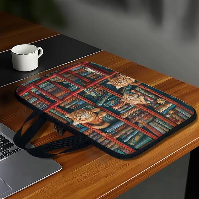 Vintage Bookshelf Laptop Sleeve Case Computer Cover Compatible with 10-17 Inch Tablet Cute Cat Protective Carrying Bag Briefcase Carrying Case, 17 Inch, Book Lover