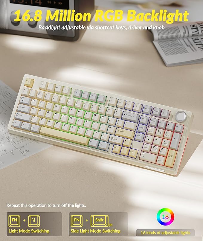 SOLAKAKA KI99 Pro 96% Wireless Gaming Keyboard, RGB Creamy Keyboardw with Knob, Hot-Swappable Pre-Lubed Switches, Gasket Structure Mechanical Keyboards (Beige-White, Non-Silent Version)