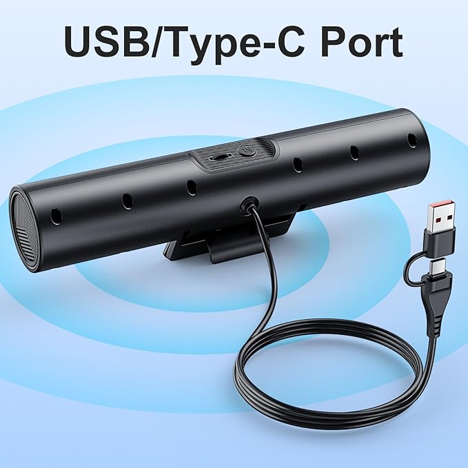 Computer Speakers for Desktop PC Monitor, USB or Type C Plug-in Soundbar, Clip-On Speaker, Wired Laptop Gaming Speakers with Volume Wheel & One-Touch Mute, Compatible with Mac Windows iPhone iPad