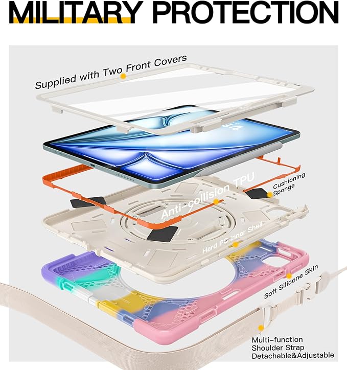 BRAECN Case for iPad Air 13 Inch 2026(M4)/2025(M3)/2024(M2) & iPad Pro 12.9''(2022/2021/2020/2018), Full-Body Protection Screen Protector Pencil Holder 360° Rotating Handle Kicktand Kids Friendly