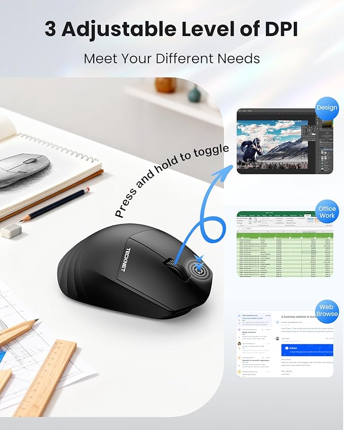TECKNET Wireless Mouse, 2.4G Computer Mouse, 3 Adjustable DPI Silent Mouse with USB A Receiver, 3 Buttons, 24 Months Battery Life, Ergonomic Wireless Mouse for Laptop, PC, Mac, Desktop-Black