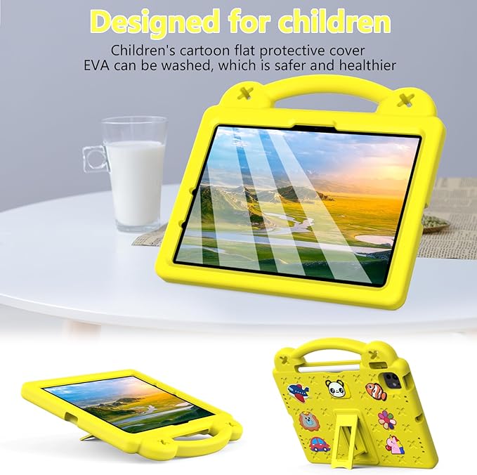 Dteck Case for iPad Air 5th/4th Gen 10.9" 2022/2020,iPad Pro 11 inch 4th/3rd/2nd/1st Gen,Cartoon Panda Shockproof Rugged Lightweight Convertible Handles Stand Kids Friendly Pencil Holder Case,Yellow