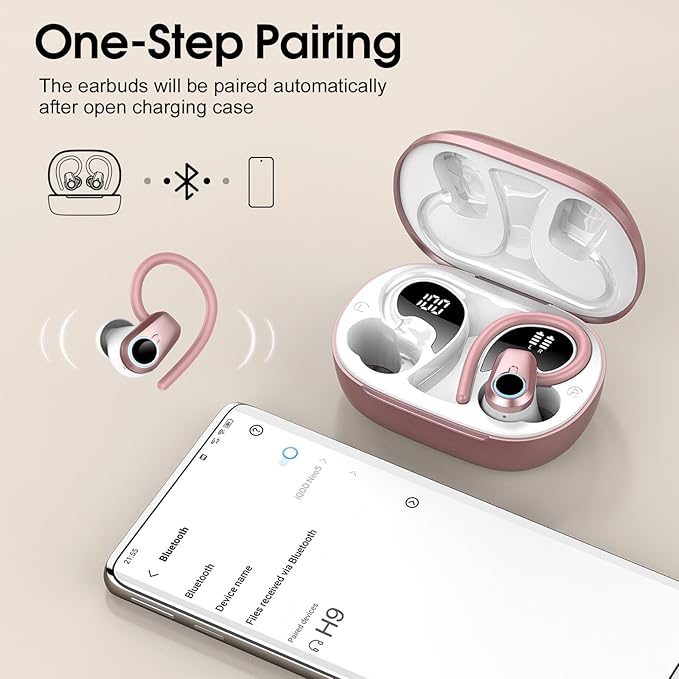 Wireless Earbuds, 2023 Bluetooth Headphones 5.3 Sport, 50H Ear buds with Earhooks, Dual LED DisplayBluetooth Earbuds, Stereo Noise Cancelling Headphones, IP7 Waterproof Running Earphones, Rose Gold