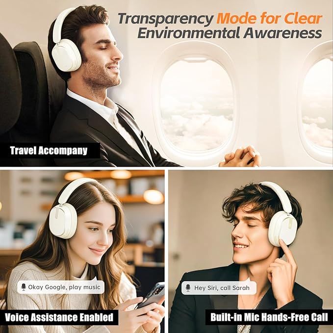 Hybrid Active Noise Cancelling Bluetooth Headphones,Bluetooth 6.0 Over Ear Wireless Headphones with 60H Playtime, Hi-Res Audio, Deep Bass, Memory Foam Ear Cups for Home Office Travel White