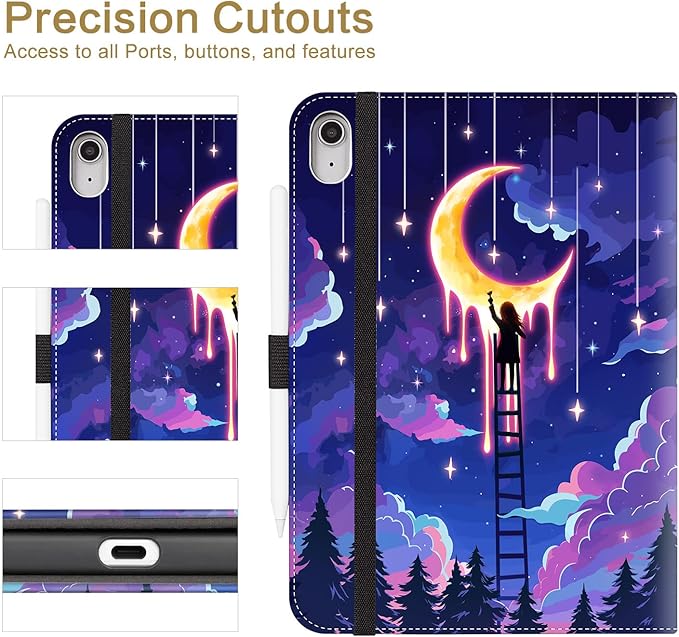 Vimorco Case for iPad (A16) 11th Generation 2025, for iPad 11th/10th Generation Case, Pencil Holder/Hand Strap/Pocket, Multiple Stand Protector Shell Cover, Auto Wake/Sleep, Fantasy Moon Oil Painting
