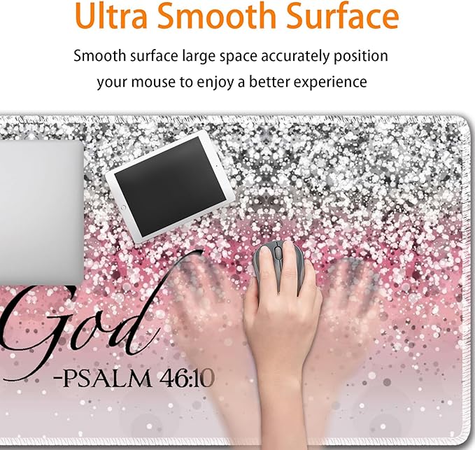 Durable Desk Mat + Wrist Rest Pad + Coasters Set, Large Gaming Office Mouse Pad 31.5 "x 11.8", Extended Non-Slip Rubber Keyboard Pad, Laptop & Home, Pink Flash Bible Pattern