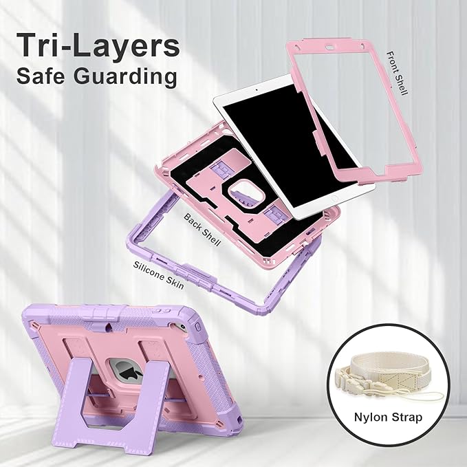Kids Friendly Case for Apple iPad 10.2" 9th 8th 7th Generation 2021/2020/2019 Case with Pencil Holder & Shoulder Strap, Military Grade Shockproof Kickstand Hard Shell Protective Cover,Pink+Purple