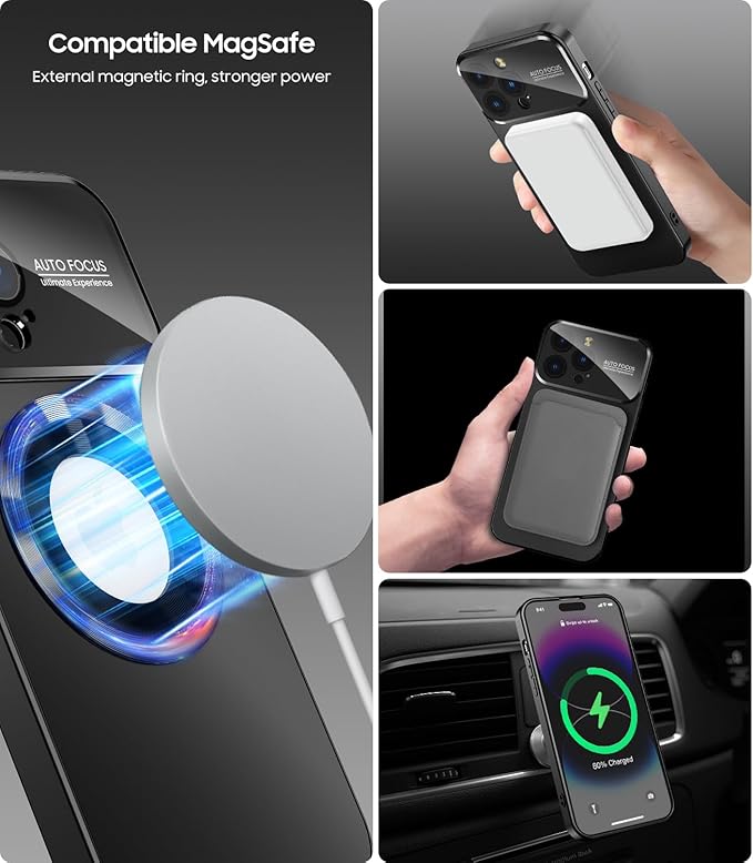 MAKAVO Magnetic for iPhone 13 Pro Max Case, Compatible with MagSafe, Built-in Camera Lens Protector, Logo View, Military Grade Drop Proof Phone Case Cover, Black