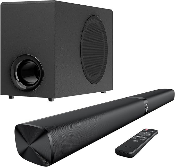 Sound Bar with Subwoofer, 110W Sound Bar with Adjustable Deep Bass & 3 EQ Modes, Bluetooth/ARC/Opt/AUX Connect, Sound Bar for Smart TV