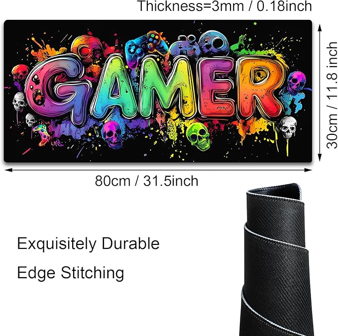Gamer Blacklight Mouse Pad – UV Reactive Neon Gaming Desk Mat with Skull Design, Waterproof Extended Large Mousepad with Non-Slip Rubber Base for Computer Keyboard – 31.5" x 11.8"