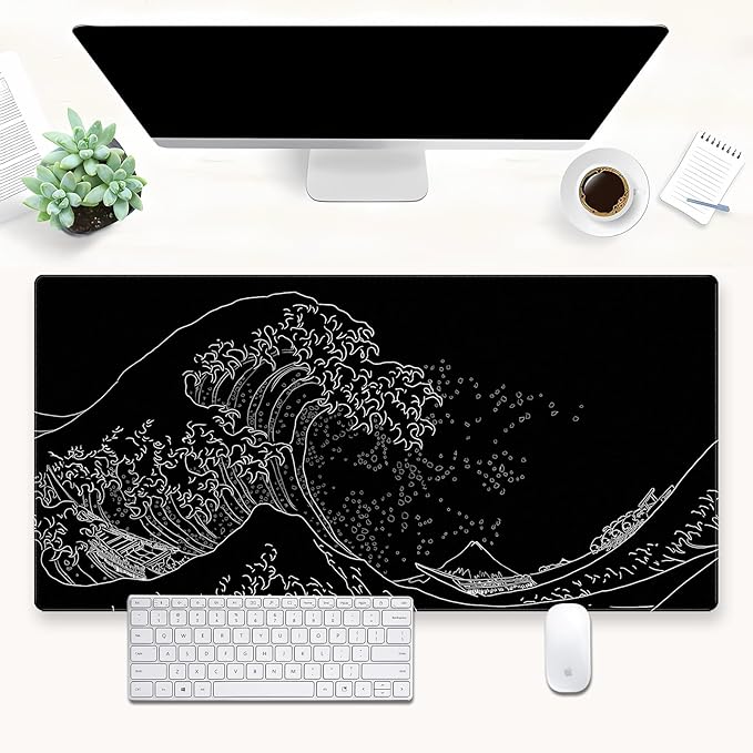 Japanese Great Wave Off Kanagawa Gaming Mouse Pad - XL Extended Ukiyo-e Art Desk Mat, Non-Slip Waterproof Rubber Base & Stitched Edges, 31.5 x 15.7 Inch Large Computer Mousepad