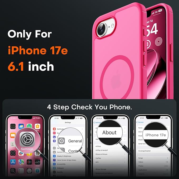 TOCOL for iPhone 17e Case, Compatible with Magsafe, Military Drop Protection, Slim Translucent Matte Shockproof for iPhone 17 e Case 6.1 inch (Hot Pink)