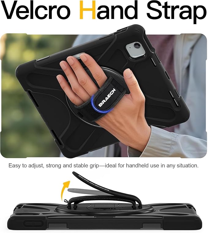BRAECN for iPad Air 11 Inch M4 2026/M3 2025/M2 2024,iPad Air 5th/ 4th Gen 10.9 Inch Shockproof Durable Silicone Case with 360 Rotating Hand Strap&Kickstand for iPad Pro 11'' 4/3/2/1st Case-Black