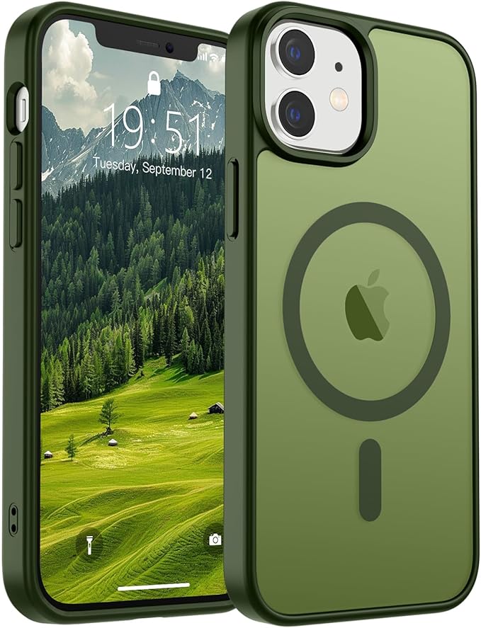 SUPFINE Magnetic for iPhone 12 Mini Case & iPhone 13 Mini Case (Compatible with MagSafe) (Military Grade Drop Protection) Slim Translucent Matte Shockproof Phone Cover,Cangling Green