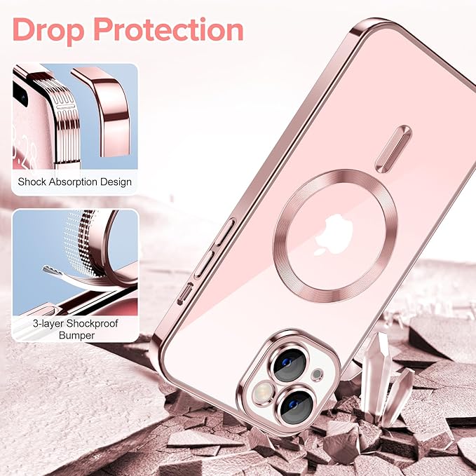 Hython Magnetic Clear for iPhone 15 Case with Camera Lens Protector [Compatible with MagSafe] Luxury Plating Edge Slim Soft TPU Cover Protective Phone Case for iPhone 15 6.1", Pink