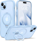 CAPRARO for iPhone 15 Plus Case with 360° Spin Magnetic Stand for Women, [Compatible with MagSafe] [Full Camera Protection] Cute Wave Translucent Matte Case for iPhone 15 Plus, Sky Blue