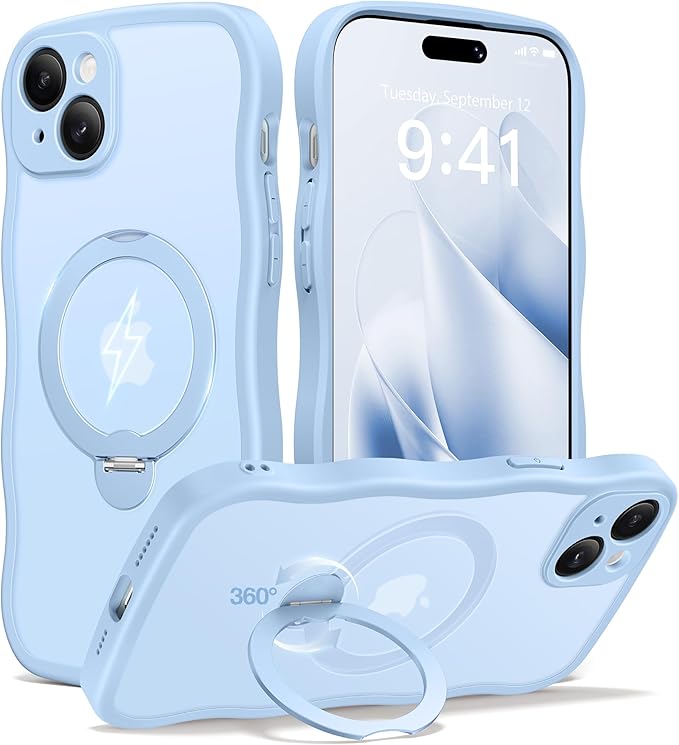 CAPRARO for iPhone 15 Plus Case with 360° Spin Magnetic Stand for Women, [Compatible with MagSafe] [Full Camera Protection] Cute Wave Translucent Matte Case for iPhone 15 Plus, Sky Blue